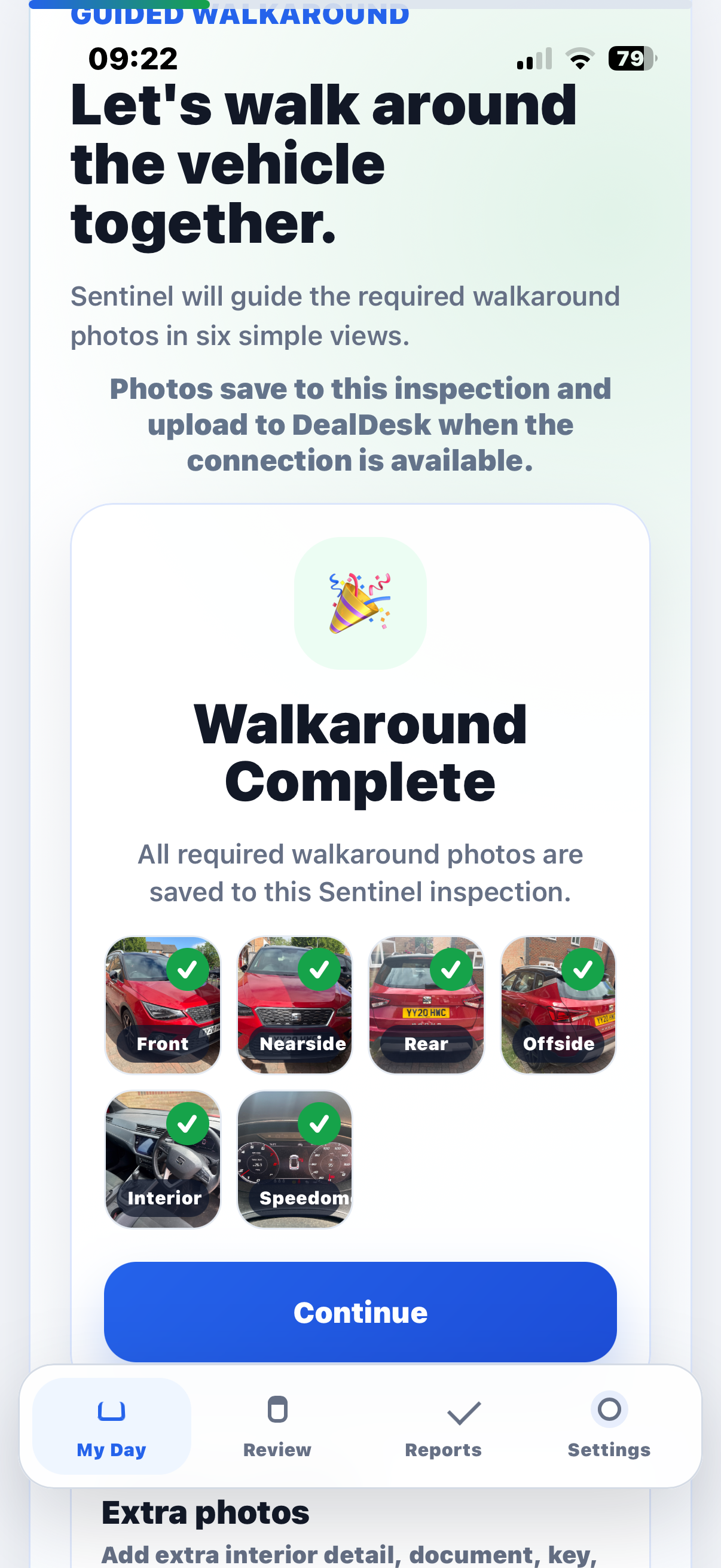 Sentinel damage report app showing completed vehicle walkaround photos